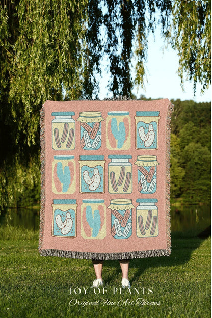 Retro Pastel Pickle Jar Tapestry Woven Blanket | Pickle Lover Gift Cute Pickle Tapestry Pop Art Wall Art Pastel Room Decor Eclectic Design |