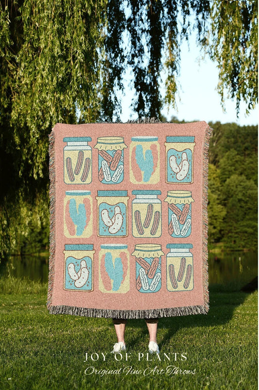 Retro Pastel Pickle Jar Tapestry Woven Blanket | Pickle Lover Gift Cute Pickle Tapestry Pop Art Wall Art Pastel Room Decor Eclectic Design |