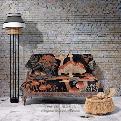 Rustic Toadstool Blanket Woven Fringe | Eclectic Throw for Mushroom Lover Gift Whimsical Room Decor Reading Nook Aesthetic Boho Tapestry