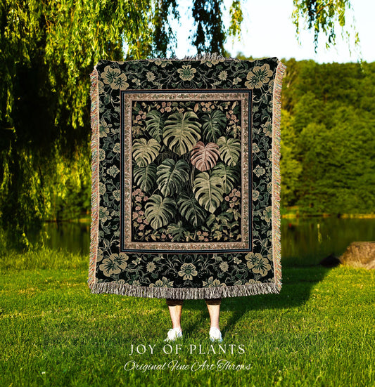 Earthy Colors Cottagecore Monstera Tapestry | Cute Forestcore Woodland Jungle Vibes Dark Academia Woven Throw Blanket Houseplant Lover Gift
