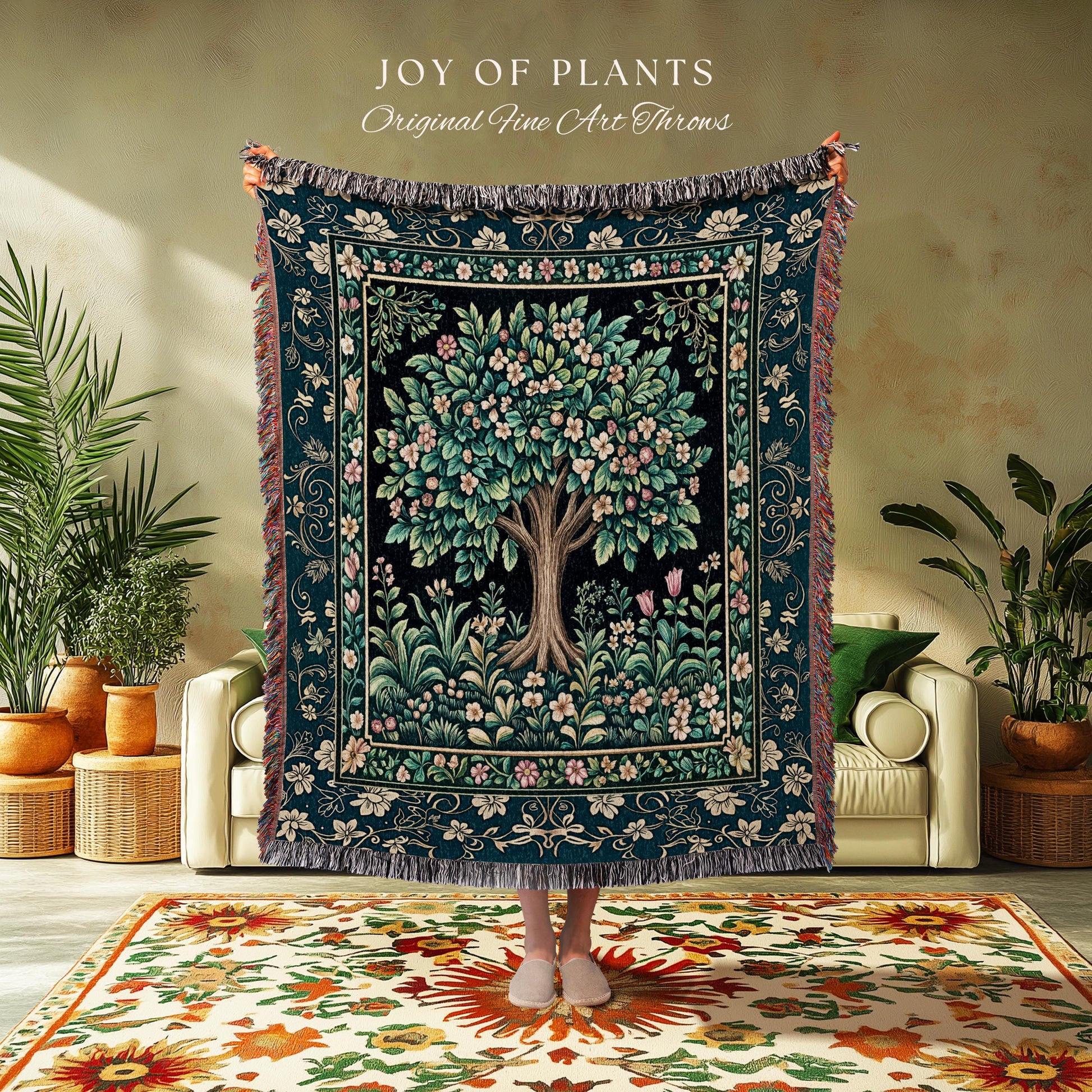 Folklore Forest Storybook Tree Throw Blanket Woven Cotton Wall Tapestry