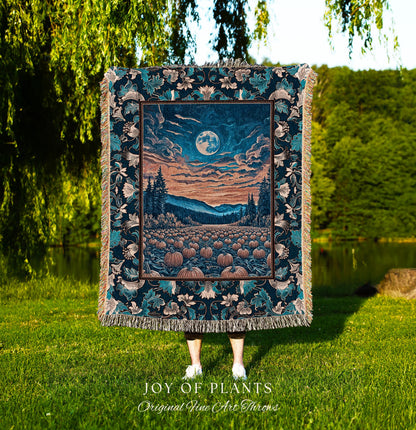 Rustic Autumn Pumpkin Patch Tapestry | Cute Spooky Boho Halloween Decor Whimsigoth Fall Aesthetic Throw Blanket Dark Academia Moody Occult |