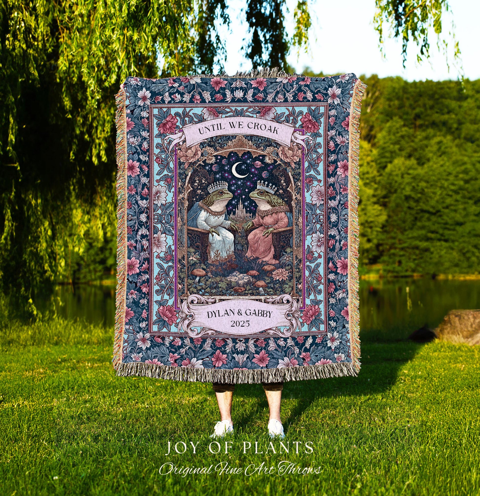 Folklore Frog Lovers Personalized Blanket | Pastel Wedding Gift Woven Throw Custom Name Tapestry Woodland Toad Couple Gift for Girlfriend |