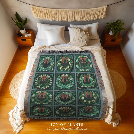 Boho Teal Wreath Throw Whimsical Checkered Blanket Retro Holiday Decor | Eclectic Christmas Tapestry Vintage Bohemian Cozy Festive Home Gift