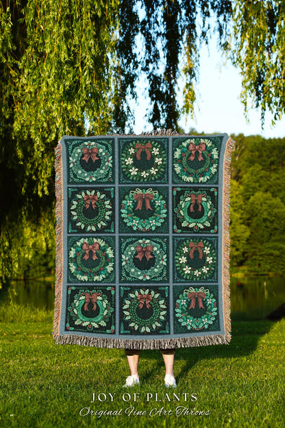 Boho Teal Wreath Throw Whimsical Checkered Blanket Retro Holiday Decor | Eclectic Christmas Tapestry Vintage Bohemian Cozy Festive Home Gift