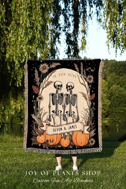 Skeleton Lovers Personalized Tapestry | Gothic Wedding Custom Blanket Woven | Spooky Decor Personalized Wedding Gift | Halloween Wedding |