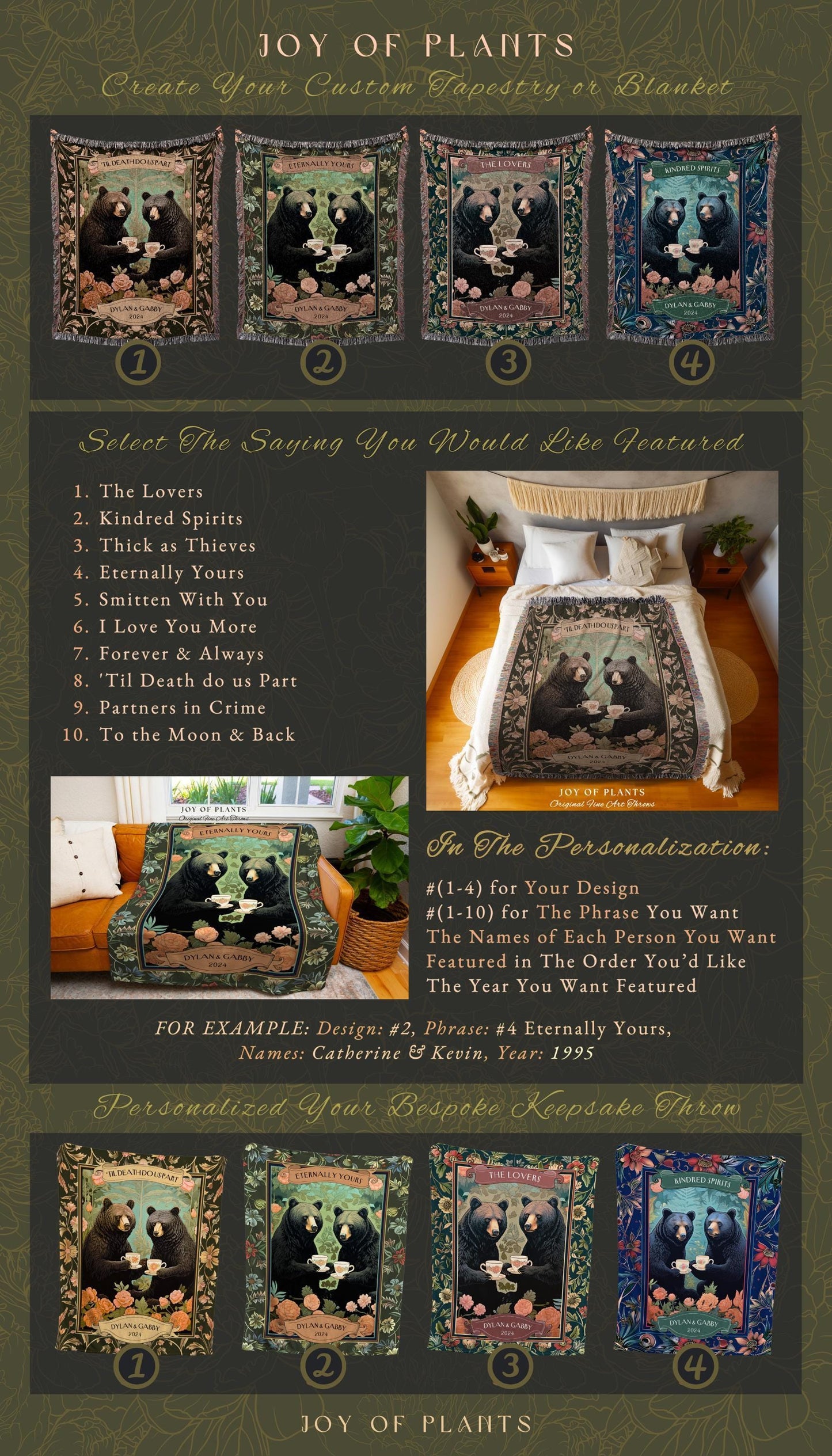 Cozy Aesthetic Bear Couple Custom Tapestry | Woodland Magic Personalized Wedding Anniversary Woven Tapestry Cute Gift Storybook Fairytale |