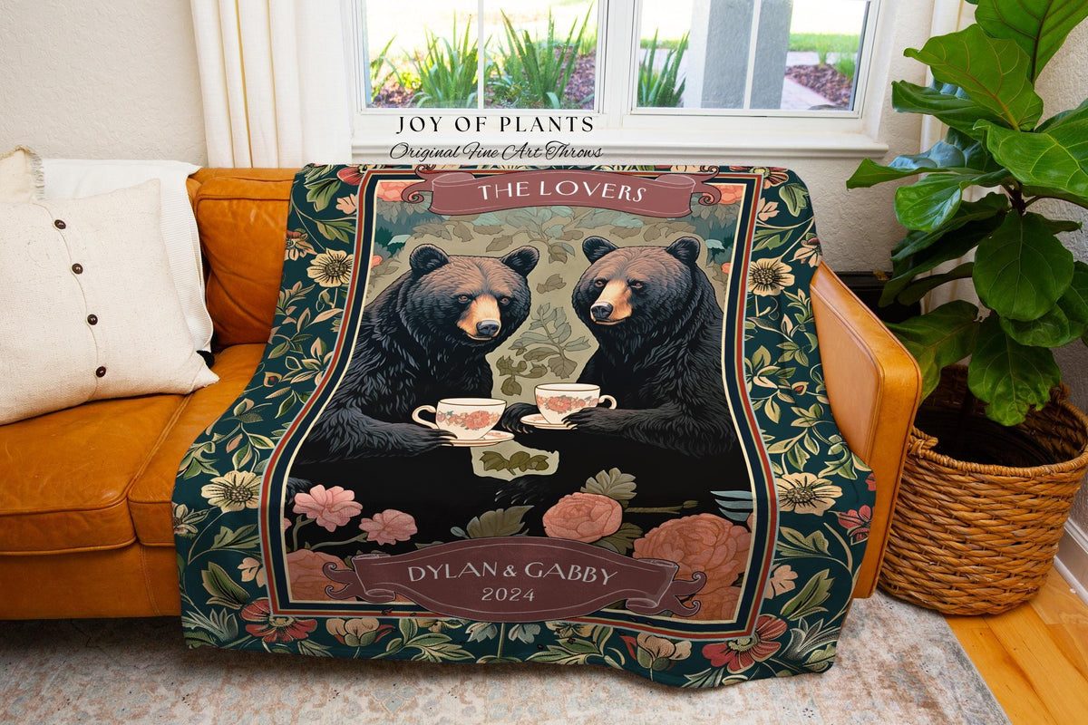 Cozy Aesthetic Bear Couple Custom Tapestry | Woodland Magic Personalized Wedding Anniversary Woven Tapestry Cute Gift Storybook Fairytale |