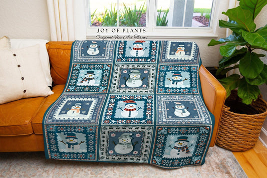 Vintage Nordic Snowman Blanket Rustic Winter Wonderland Decor | Scandinavian Patchwork Tapestry Throw Cozy Christmas Folk Art Cottagecore