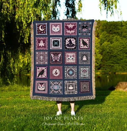 Folklore Muted Mauve Cotton Throw Blanket | Cozy Whimsigoth Halloween Tapestry Light Academia Cottagecore Bedroom Spooky Season Fairycore |