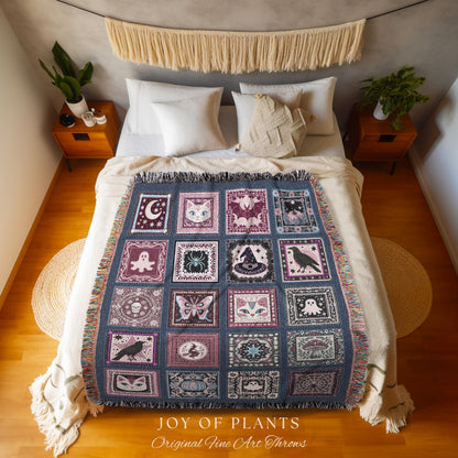 Folklore Muted Mauve Cotton Throw Blanket | Cozy Whimsigoth Halloween Tapestry Light Academia Cottagecore Bedroom Spooky Season Fairycore |