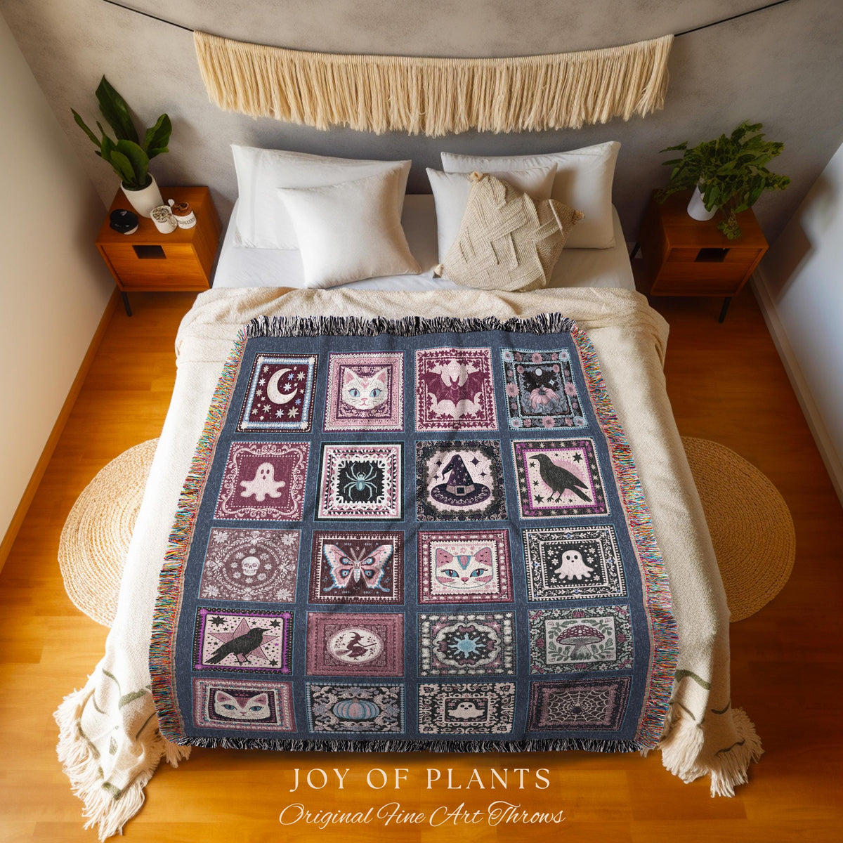 Folklore Muted Mauve Cotton Throw Blanket | Cozy Whimsigoth Halloween Tapestry Light Academia Cottagecore Bedroom Spooky Season Fairycore |
