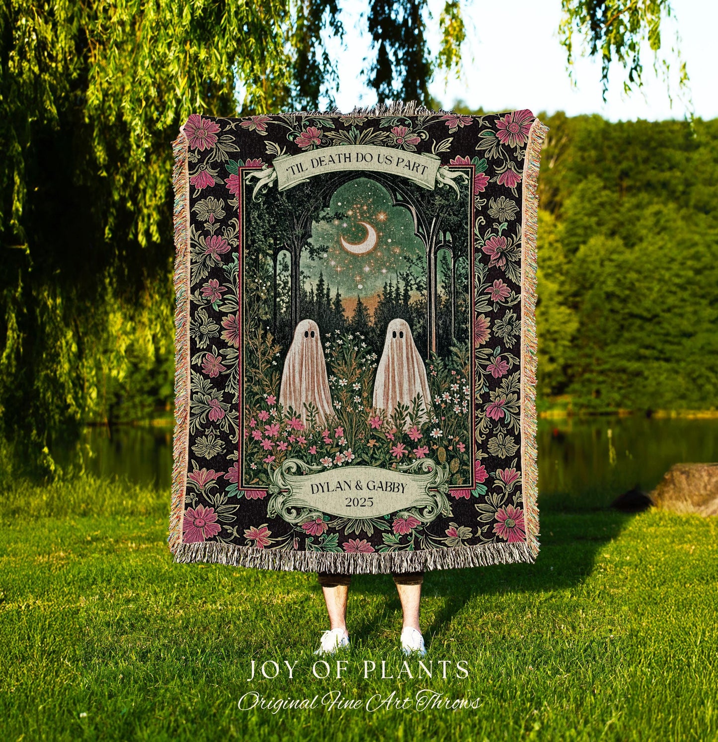 Mystic Moonlit Ghost Couple Custom Blanket | Gothic Cozy Aesthetic Spooky Wedding Gift His & Hers Halloween Spirits Personalized Names Throw