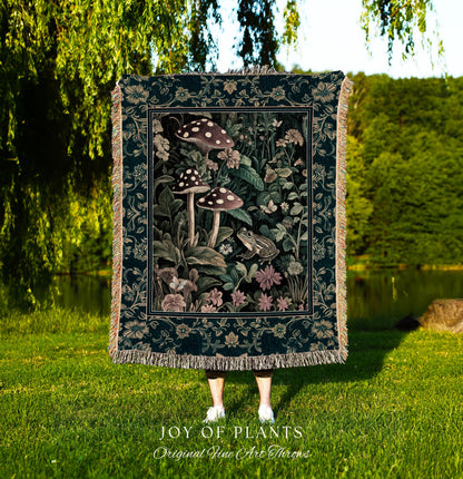 Fairytale Forest Mushroom Frog Tapestry | Trendy Aesthetic Cottagecore Botanical Woven Blanket for Emerald Green Funky Woodland Book Nook |