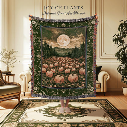 Sage Green Full Moon Throw Blanket | Rustic Pumpkin Woven Tapestry Whimsigothic Aesthetic Rustic Fall Accent Halloween Trees Light Academia