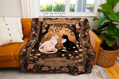 Eternally Yours Cat Couple Personalized Blanket | Dark Floral Woodland Aesthetic Woven Throw Custom Dark Academia Gift for Girlfriend Cute |