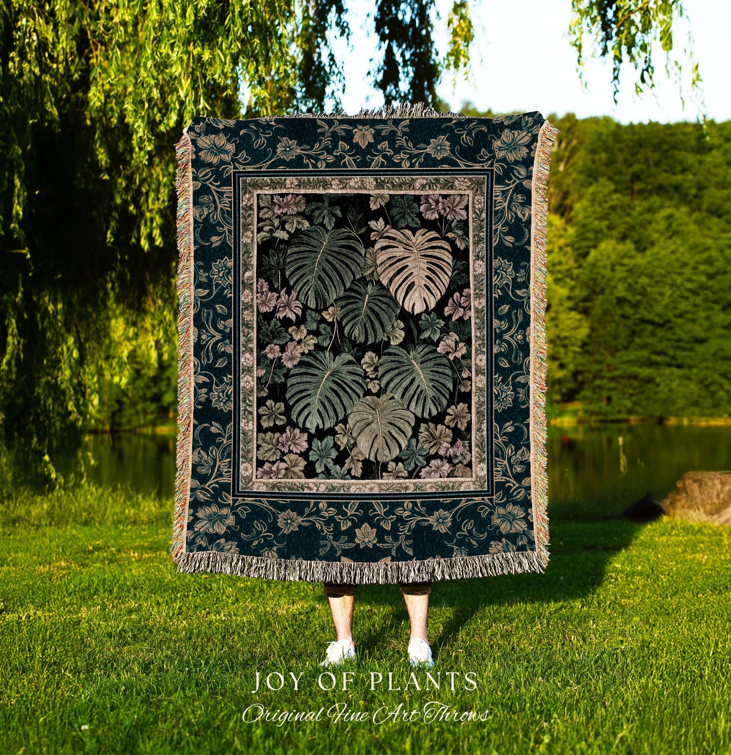 Botanical Cozy Throw Blanket Maximalist Jungle | Plant Lady Blanket Monstera Deliciosa Tapestry Woodland Magical Dark Academia Emerald Green