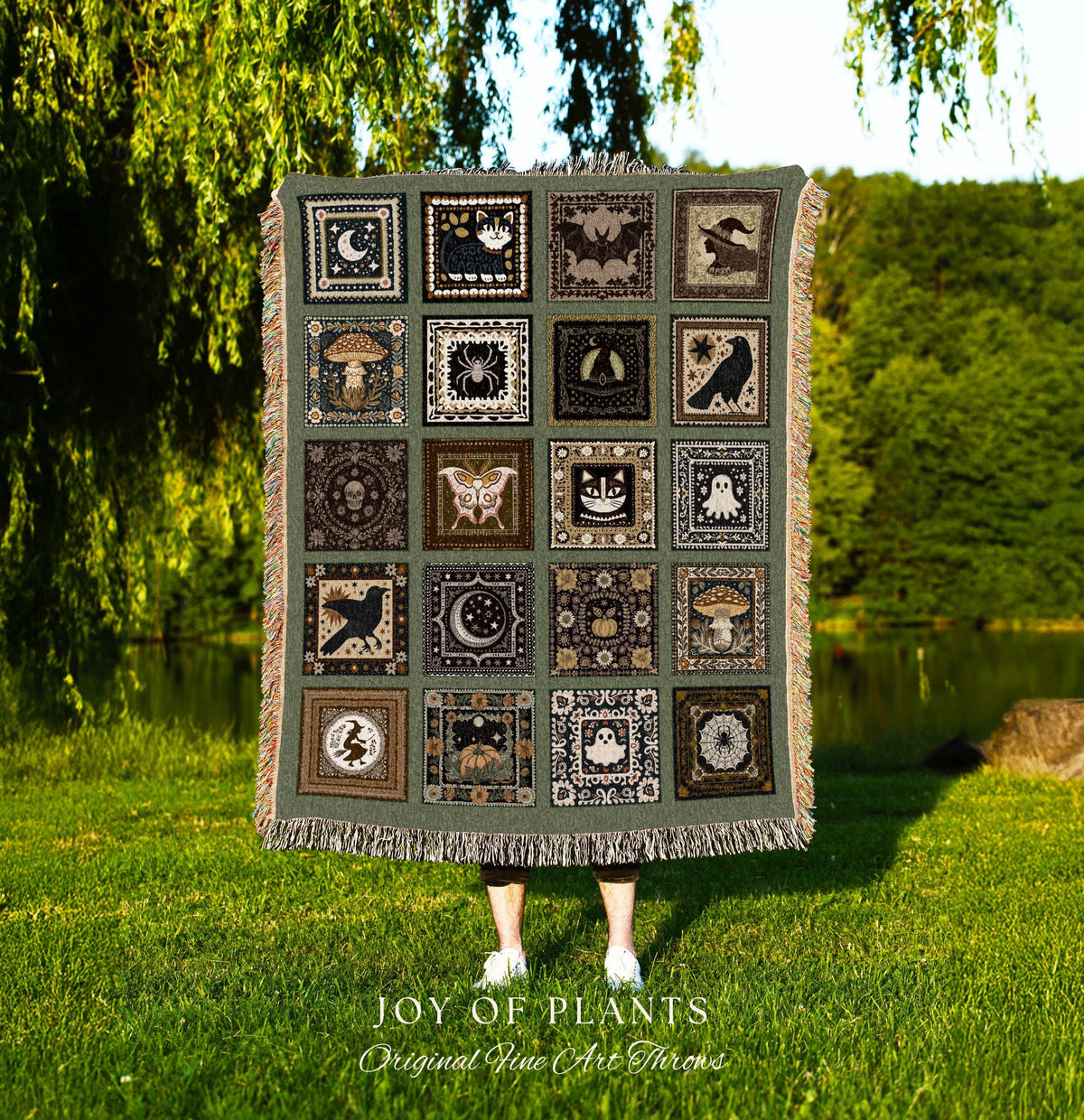 Olive Green Witchy Woven Throw Blanket | Halloween Witchcore Accent Whimsigoth Bedroom Tapestry Cozy Gothic Decor Gift for Cute Spooky Home