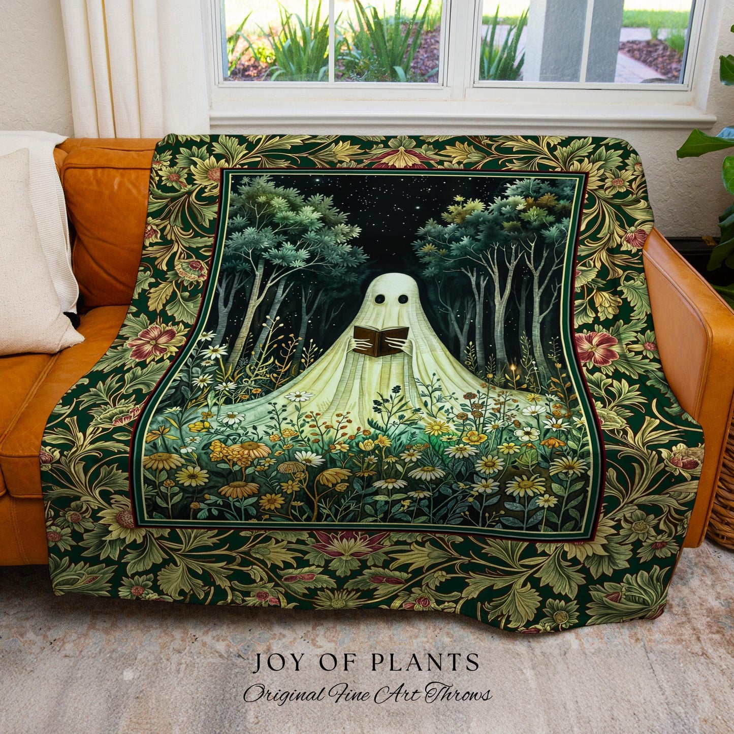 Reading Ghost Wildflower Woven Tapestry Style Wall Blanket | Cozy Cute Whimsical Gothic Botanical Bedspread Throw Spooky Forestcore Decor