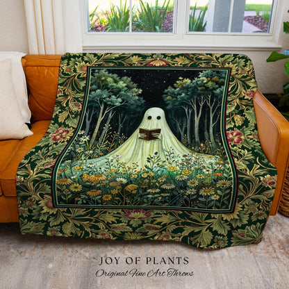 Reading Ghost Wildflower Woven Tapestry Style Wall Blanket | Cozy Cute Whimsical Gothic Botanical Bedspread Throw Spooky Forestcore Decor