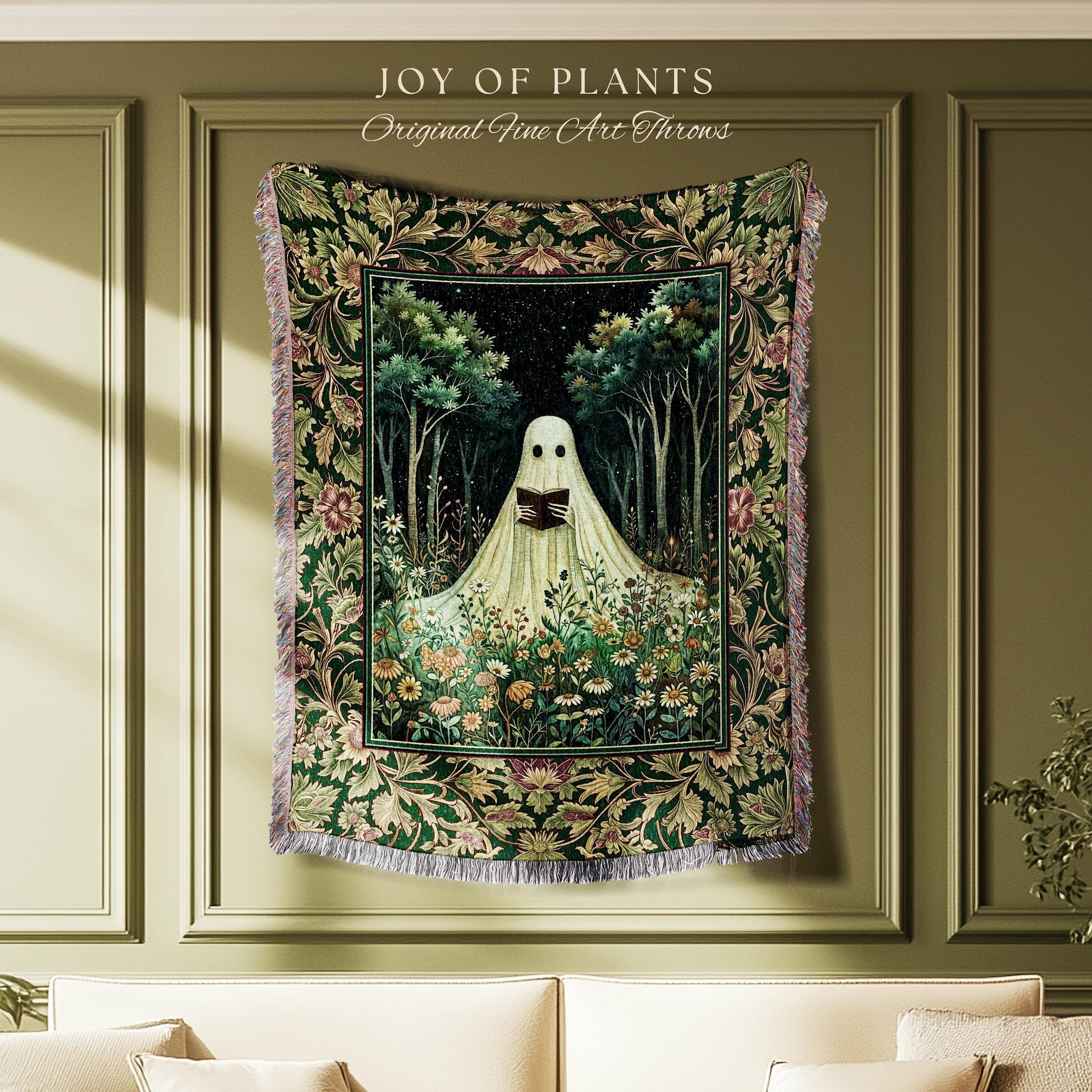 Reading Ghost Wildflower Woven Tapestry Style Wall Blanket | Cozy Cute Whimsical Gothic Botanical Bedspread Throw Spooky Forestcore Decor