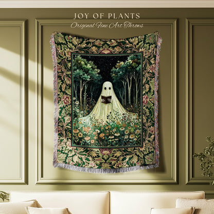 Reading Ghost Wildflower Woven Tapestry Style Wall Blanket | Cozy Cute Whimsical Gothic Botanical Bedspread Throw Spooky Forestcore Decor