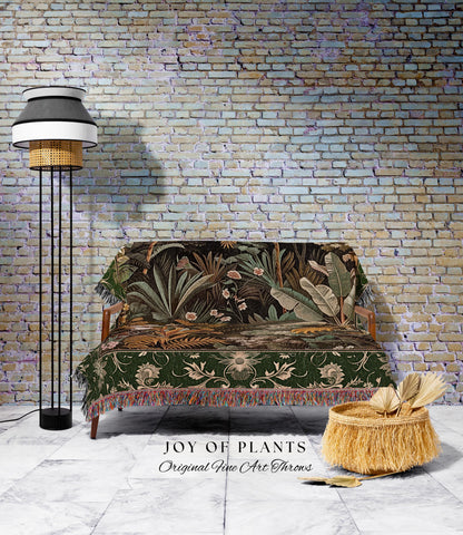 Maximalist Botanical Jungle Throw Blanket | Exotic Leaf Tropical Nature Theme Bedroom Decor Vintage Elegance Living Room Woven Tapestry |