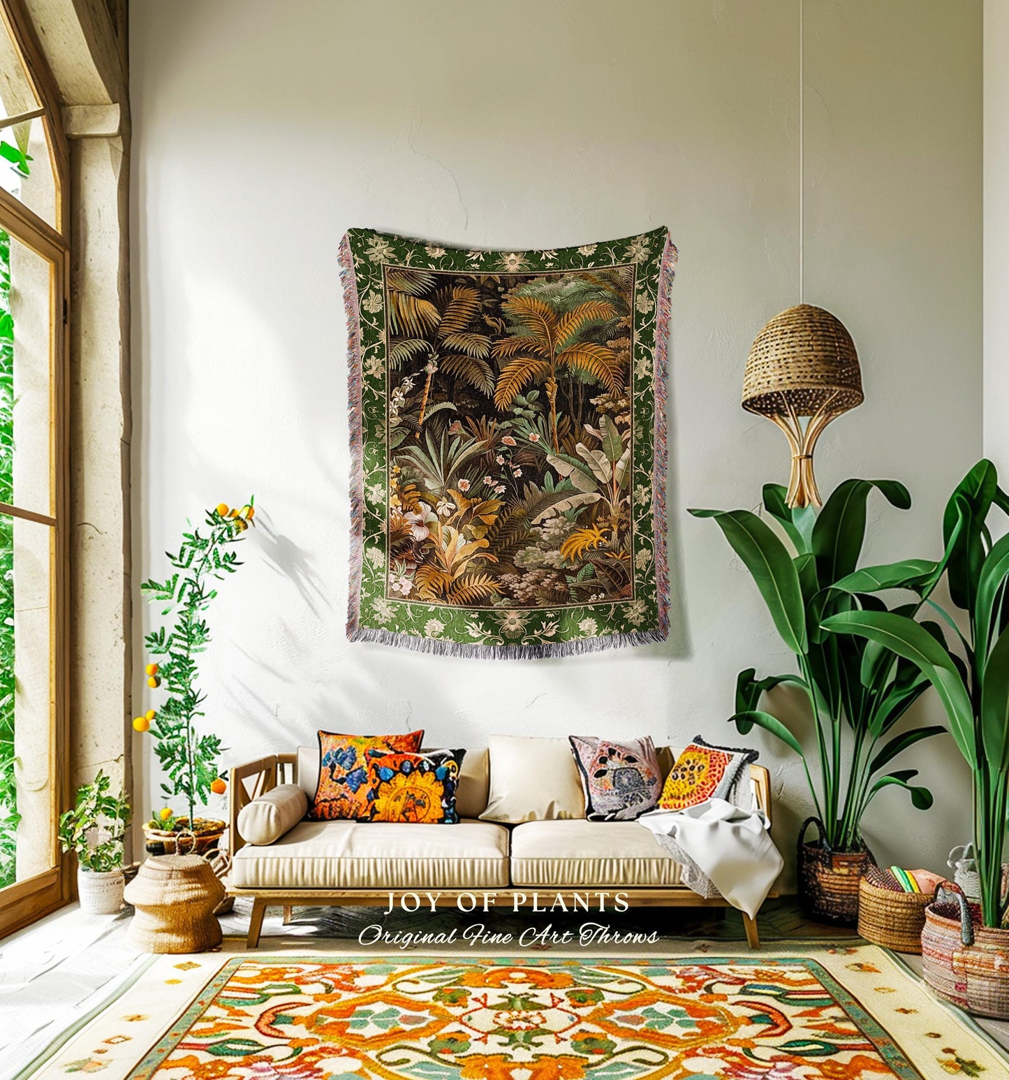 Maximalist Botanical Jungle Throw Blanket | Exotic Leaf Tropical Nature Theme Bedroom Decor Vintage Elegance Living Room Woven Tapestry |