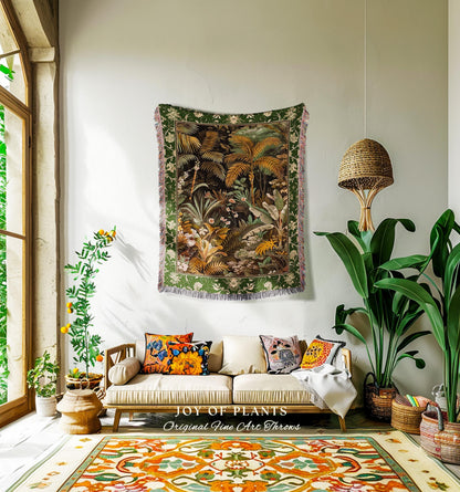 Maximalist Botanical Jungle Throw Blanket | Exotic Leaf Tropical Nature Theme Bedroom Decor Vintage Elegance Living Room Woven Tapestry |