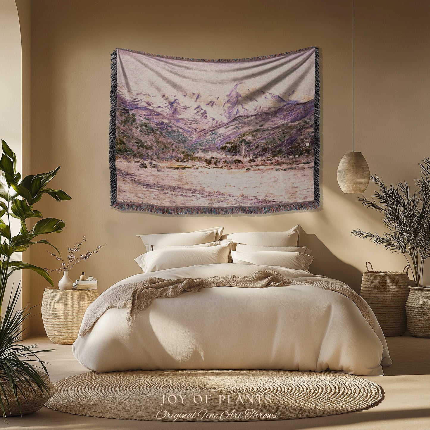 The Mountains in the Creuse Blanket Monet Fine Art Tapestry Throw | Serene Mountain Landscape Soft Muted Earthy Tones Cottagecore Blanket