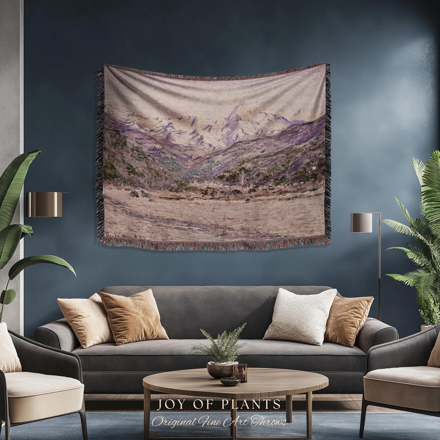 The Mountains in the Creuse Blanket Monet Fine Art Tapestry Throw | Serene Mountain Landscape Soft Muted Earthy Tones Cottagecore Blanket