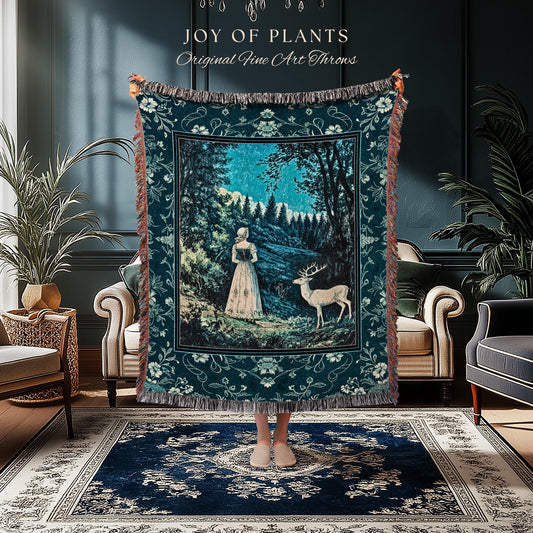 Cerulean Cottagecore Landscape Tapestry | Whimsical Nature Woodland Blanket Castlecore Throw Ancient Spirits Ethereal Medieval Bedroom Decor
