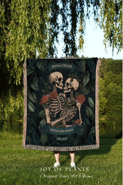 Botanical Skeleton Couple Blanket | Gothic Wedding Custom Blanket Woven Tapestry Spooky Wedding Gift Personalized Anniversary Gift for Goths