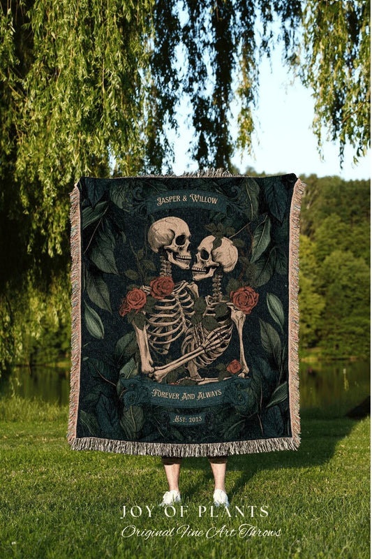 Botanical Skeleton Couple Blanket | Gothic Wedding Custom Blanket Woven Tapestry Spooky Wedding Gift Personalized Anniversary Gift for Goths