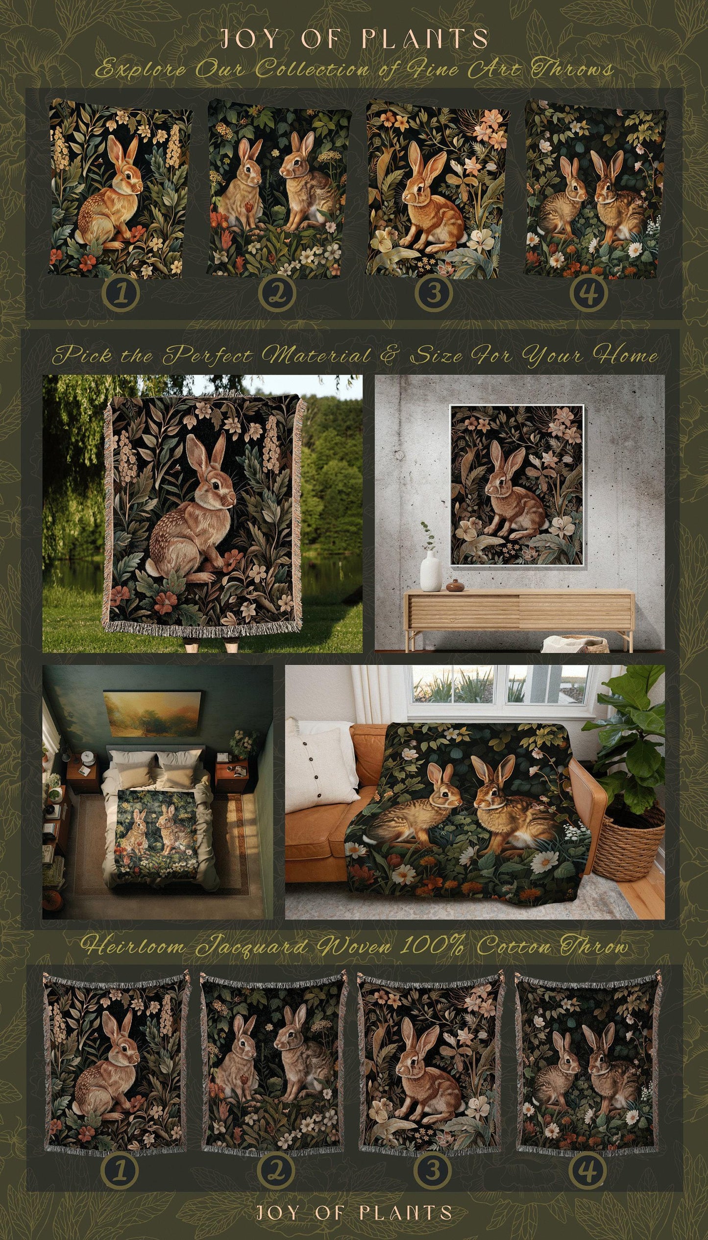 Wildflower Rabbit Tapestry Woven | Botanical Bunny Throw Boho Room Decor Woodland Aesthetic Fairy Core Throw Blanket Woven Wallhanging