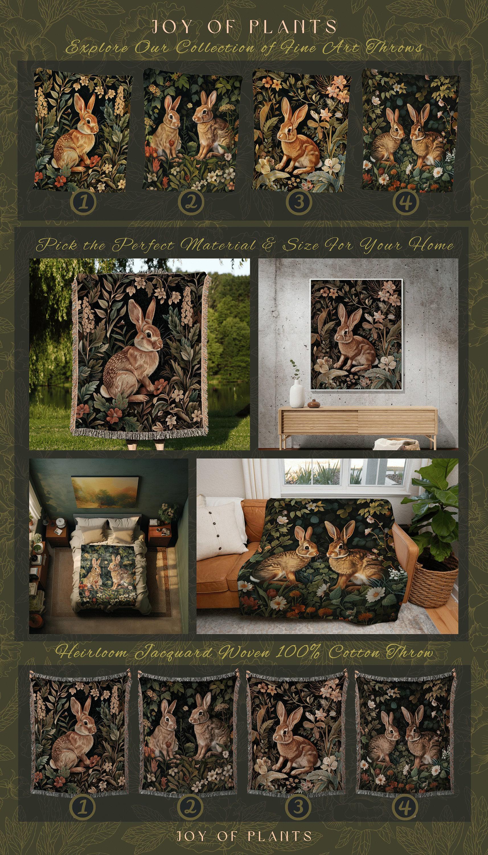 Wildflower Rabbit Tapestry Woven | Botanical Bunny Throw Boho Room Decor Woodland Aesthetic Fairy Core Throw Blanket Woven Wallhanging