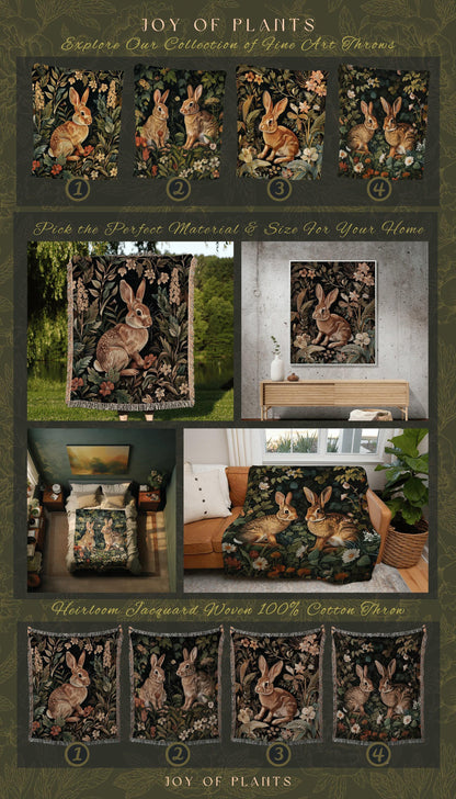 Wildflower Rabbit Tapestry Woven | Botanical Bunny Throw Boho Room Decor Woodland Aesthetic Fairy Core Throw Blanket Woven Wallhanging