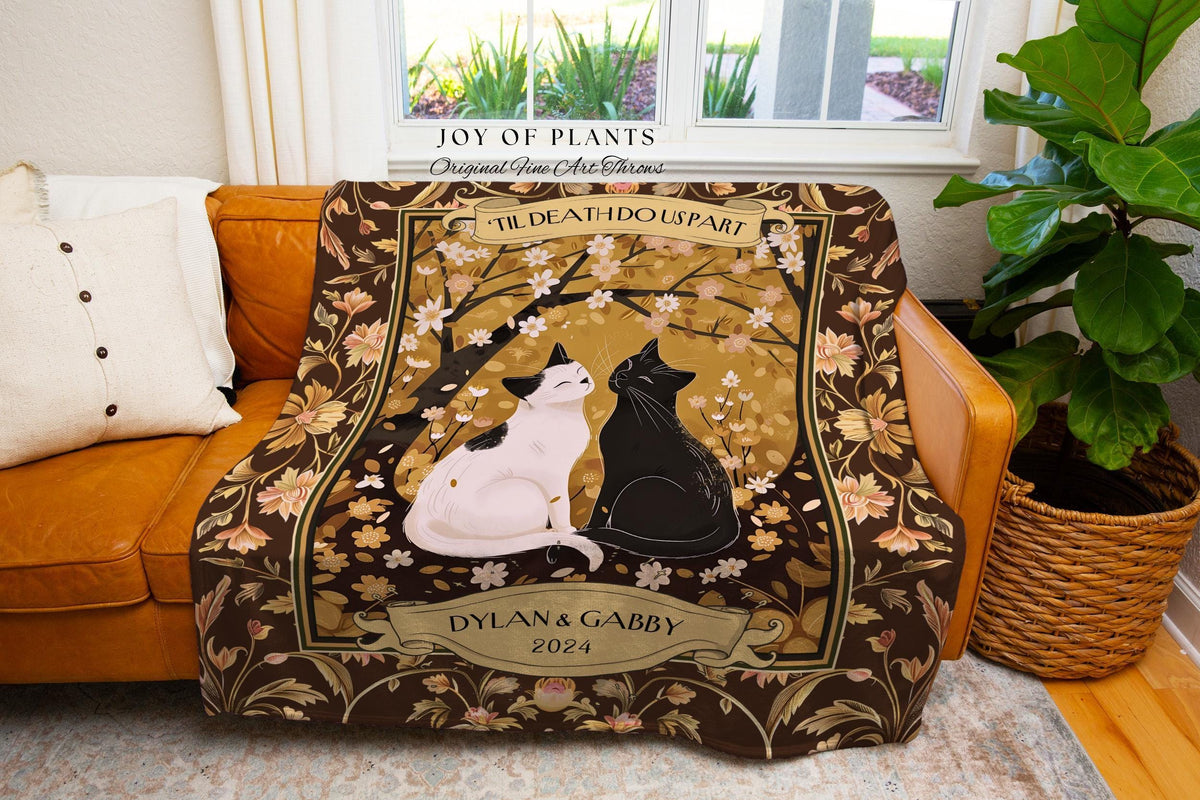 Romantic Cat Couple Custom Woven Blanket | Ethereal Woodland Aesthetic Woven Throw Custom Dark Academia Gift for Girlfriend Enchanted Forest