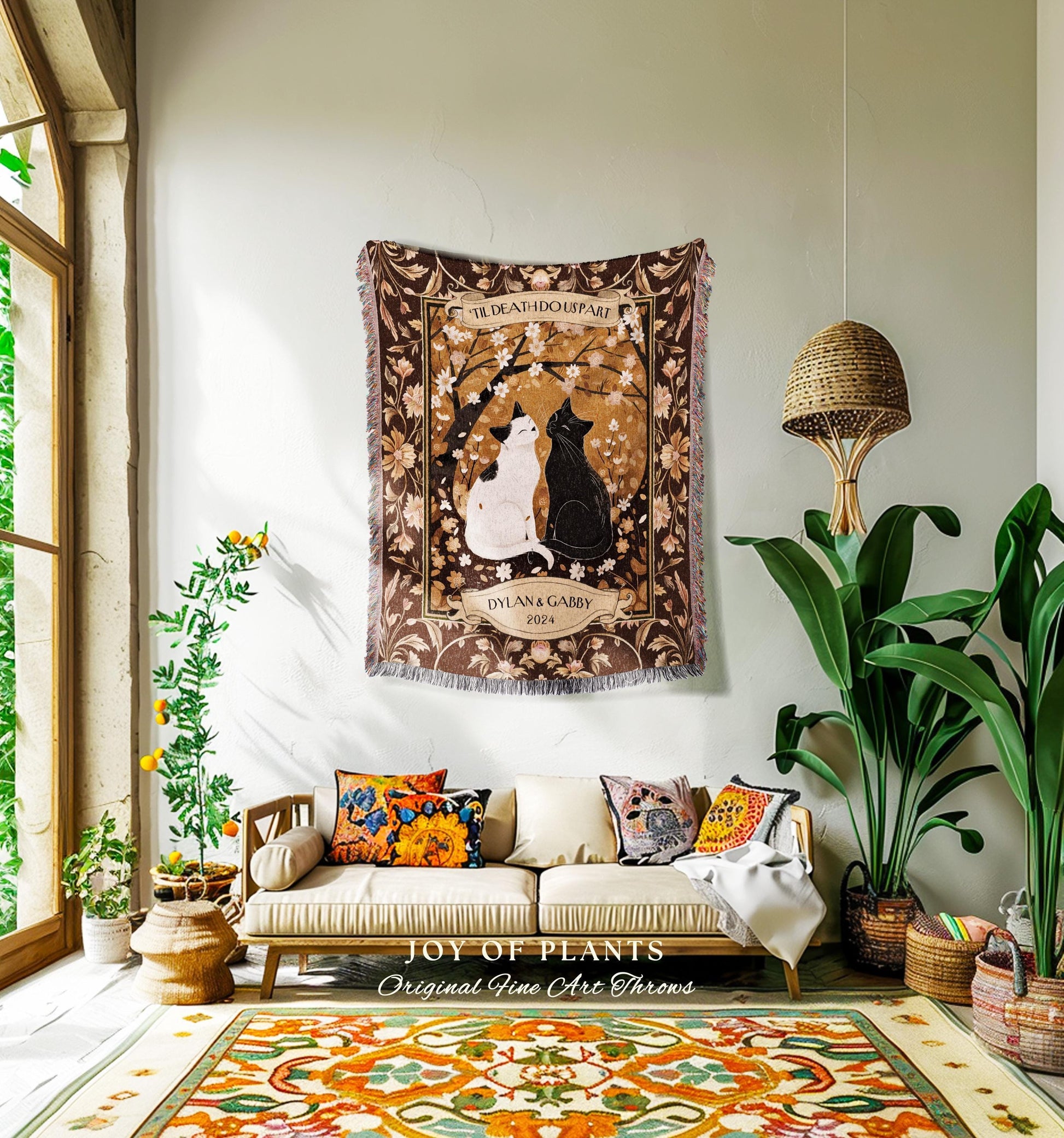 Romantic Cat Couple Custom Woven Blanket | Ethereal Woodland Aesthetic Woven Throw Custom Dark Academia Gift for Girlfriend Enchanted Forest