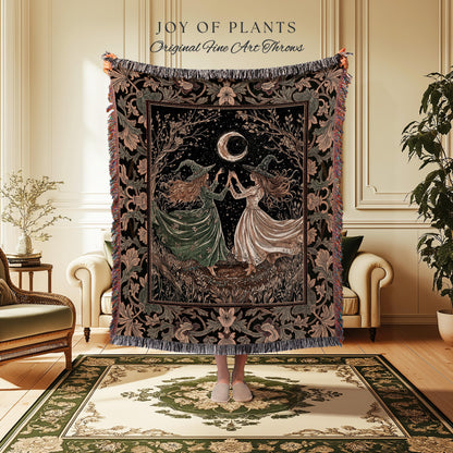 Witch Sisters Under Autumn Moon Blanket | Whimsigoth Mystic Cottagecore Throw Witchcraft Decor Dark Academia Wall Tapestry Celestial Magic