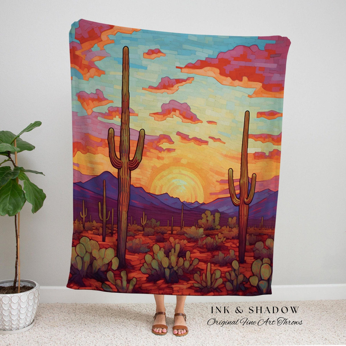 Southwestern Sunrise Tapestry | Whimsical Home Decor Housewarming Gift Blanket Cactus Aesthetic Blanket Woven Tapestry Southwest Landscape |