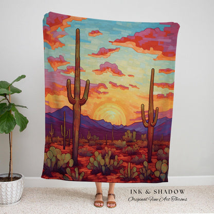 Southwestern Sunrise Tapestry | Whimsical Home Decor Housewarming Gift Blanket Cactus Aesthetic Blanket Woven Tapestry Southwest Landscape |