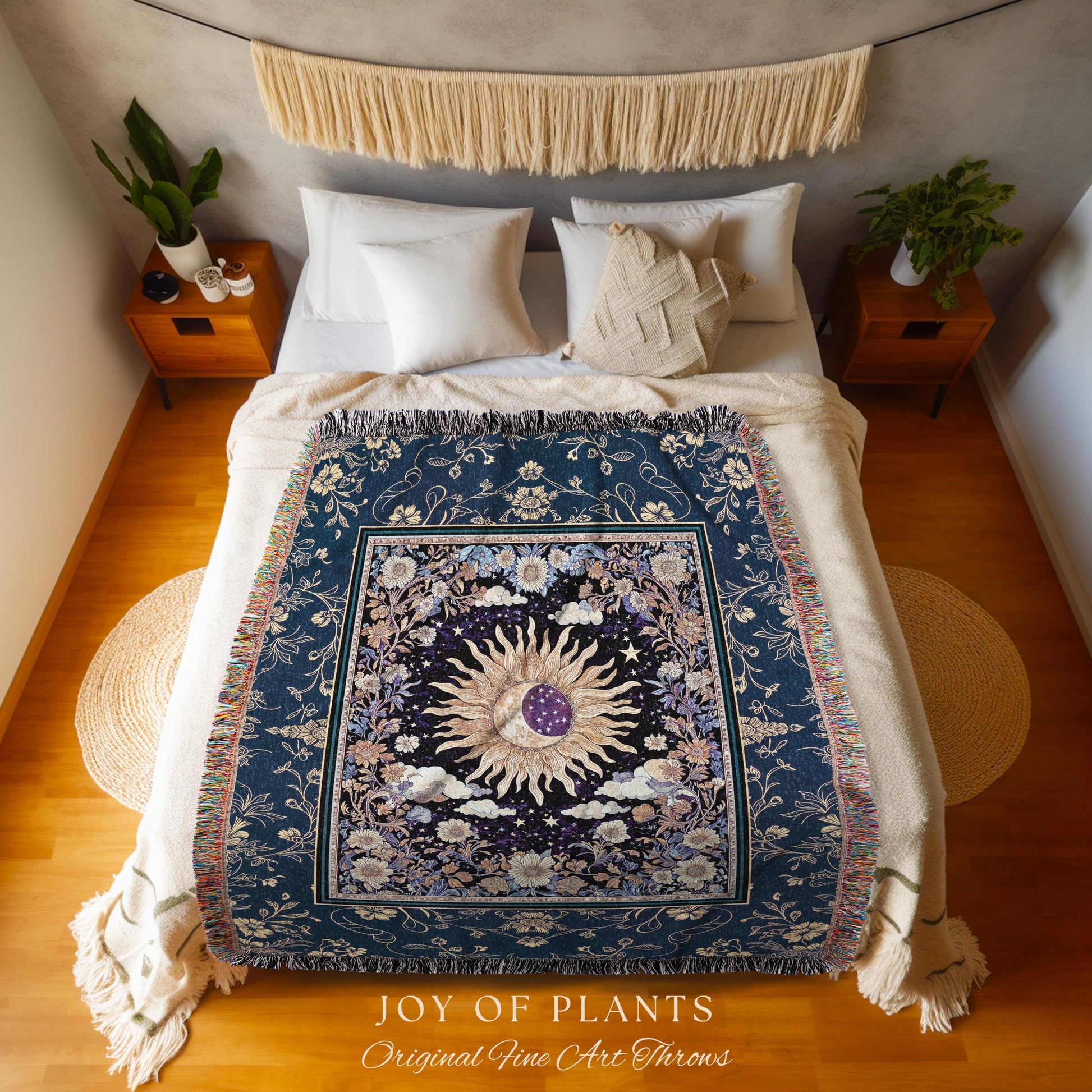 Cosmic Whimsy Fairycore Tapestry | Ethereal Sun Blanket Woven Throw Celestial Bedroom Floral Tarot Theme Sun and Moon Colorful Maximalist