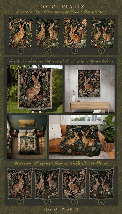 Maximalist Woodland Blanket Woven | Rabbit Tapestry Boho Room Decor Bunny Aesthetic Dark Academia Throw Spring Decoration Bunnies