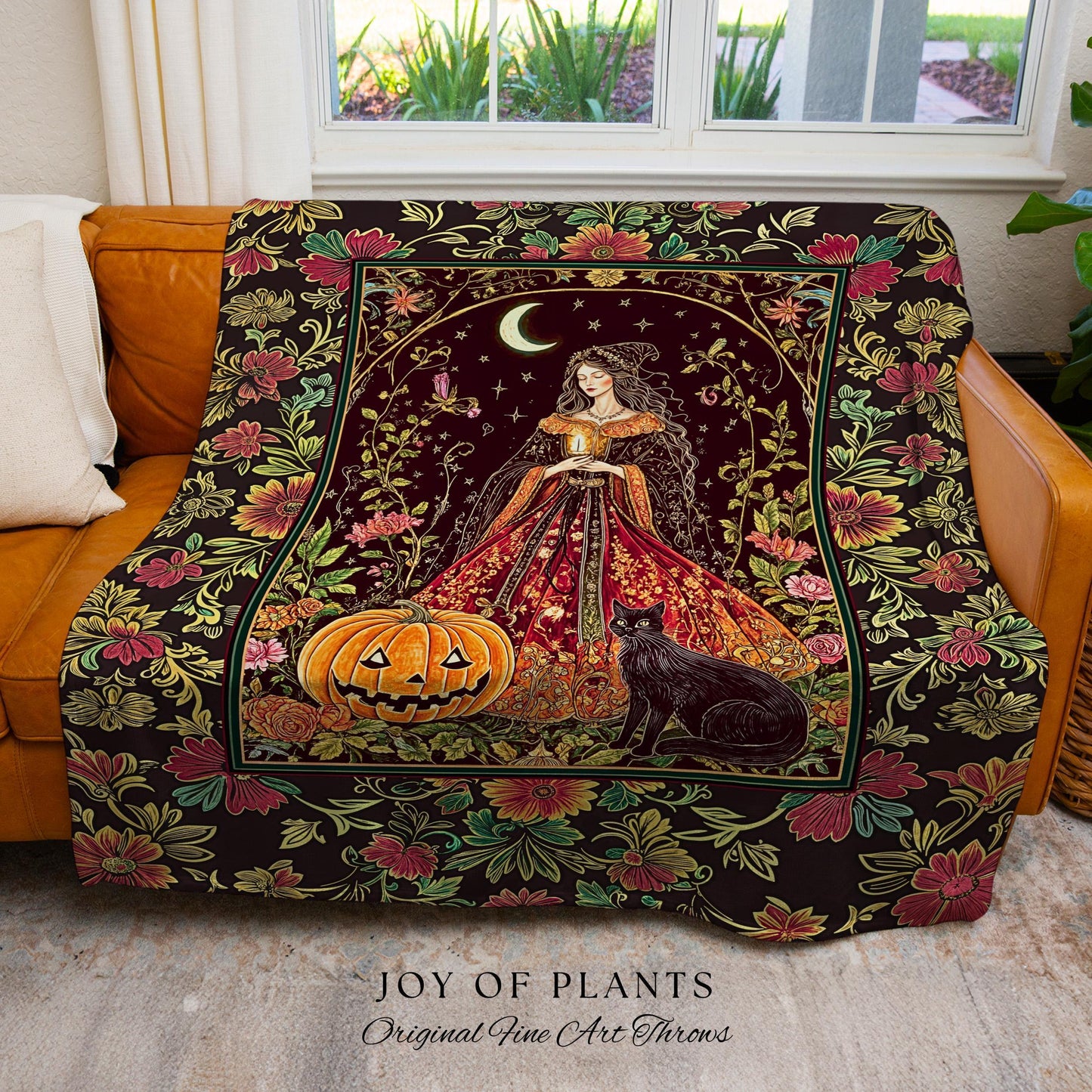 Cozy Classic Aesthetic Witchy Jack-O-Lantern Black Cat Blanket | Celestial Magic Fall Woven Wall Tapestry Throw Enchanted Whimsigothic Decor