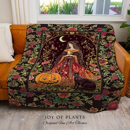 Cozy Classic Aesthetic Witchy Jack-O-Lantern Black Cat Blanket | Celestial Magic Fall Woven Wall Tapestry Throw Enchanted Whimsigothic Decor