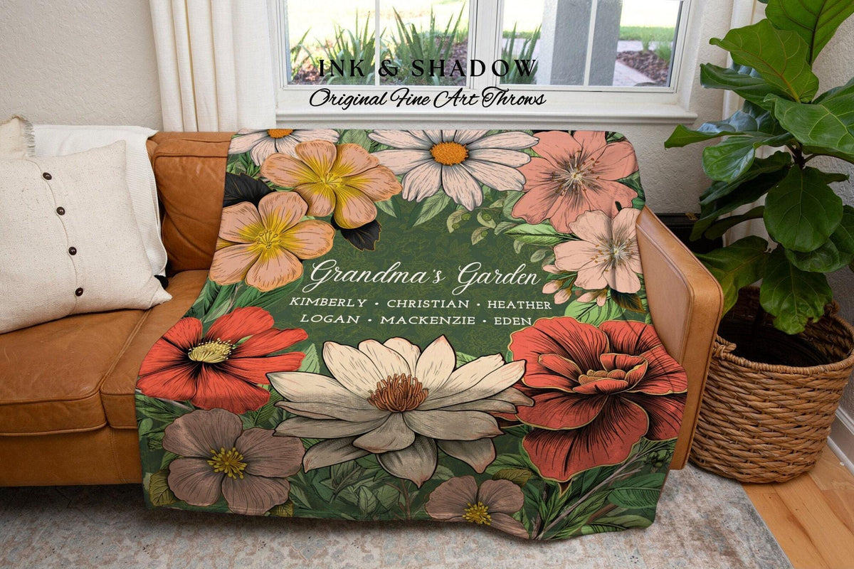 Grandma's Garden Birth Flower Blanket | Gift for Grandparents Custom Family Name Blanket Personalized Birth Month Flower Throw Blanket Woven