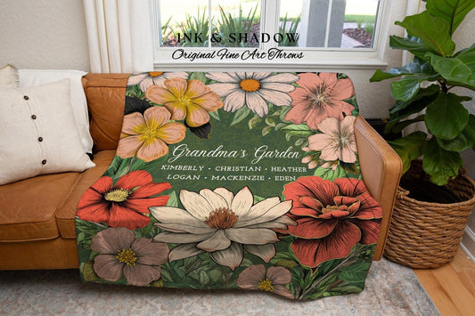 Grandma's Garden Birth Flower Blanket | Gift for Grandparents Custom Family Name Blanket Personalized Birth Month Flower Throw Blanket Woven