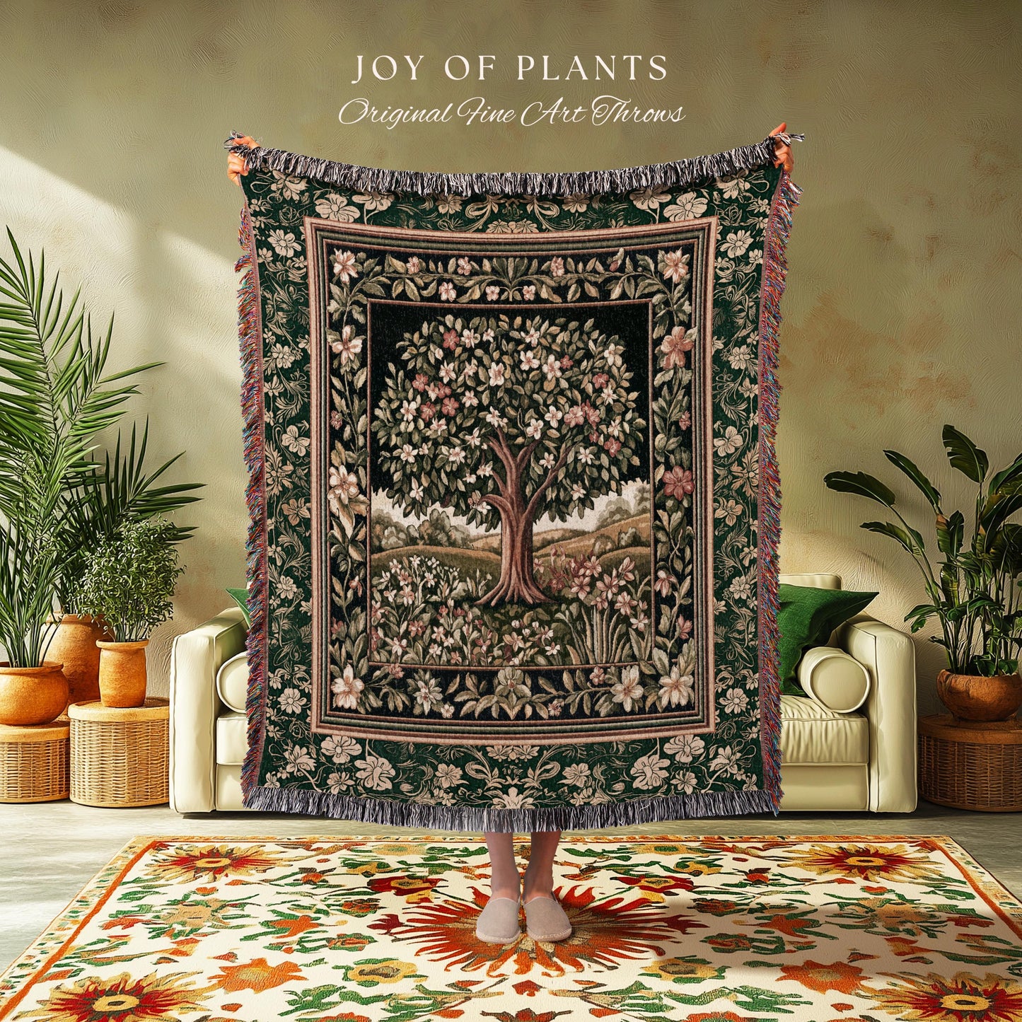 Botanical Tree of Life Accent Woven Throw Blanket Jacquard Tapestry