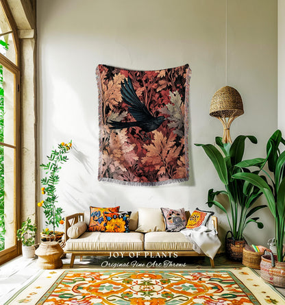 Autumn Raven Throw Blanket Mystic Crowcore Decor | Dark Cottagecore Black Bird Tapestry Gothic Forest Aesthetic Whimsigoth Fall Home Accent